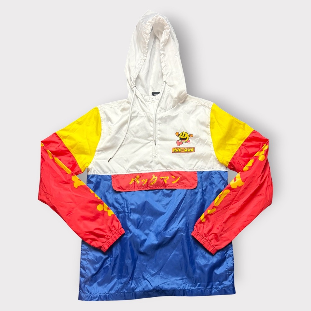 Pac-Man Colorblock Windbreaker Jacket Mens Medium White Red Blue Quarter Zip